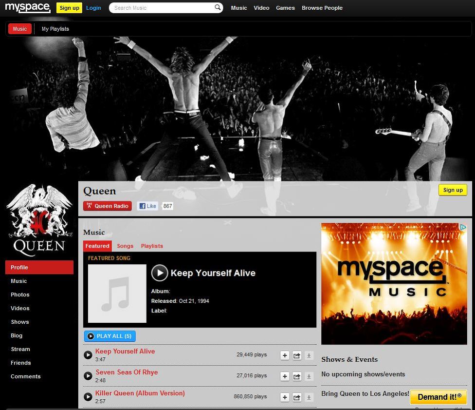 Myspace 마이스페이스, Facebook 페이스북 퀸 (영어) - 퀸 관련 사이트 링크 - The Greatest Queen