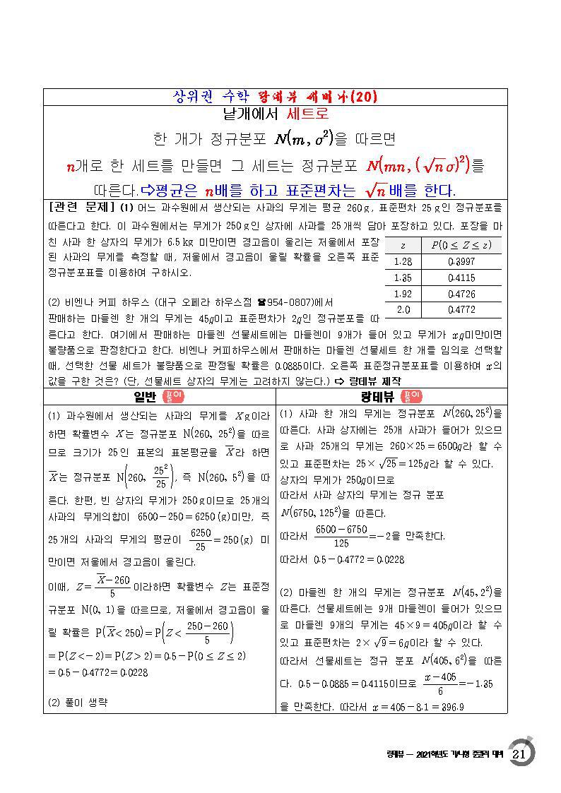 2021학년도 수능 대비 수학 가형 나형 준킬러 지침서-수1&확통 - 준킬러 지침서 - 랑데뷰 수학 수학영역 모의고사